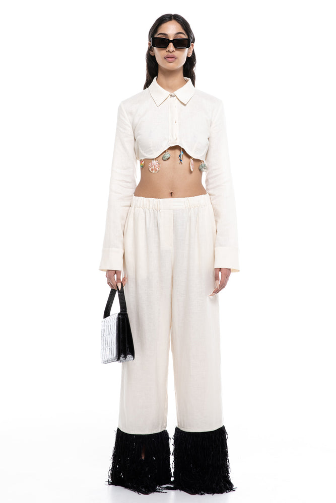 Pure Linen Pants With Fringes