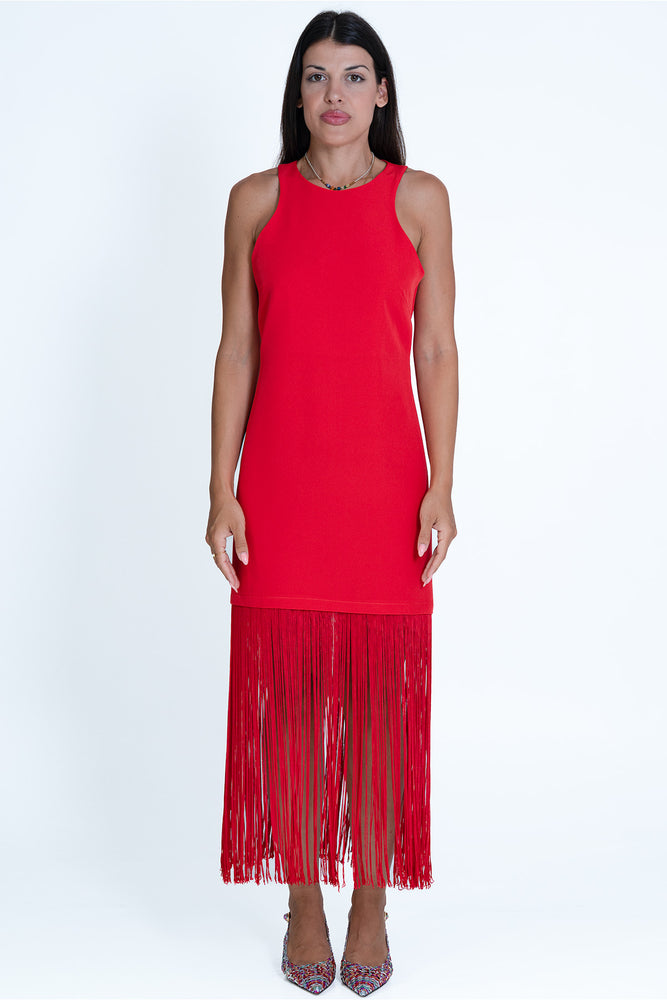 Κόκκινο μακρύ φόρεμα με κρόσσια Teem
