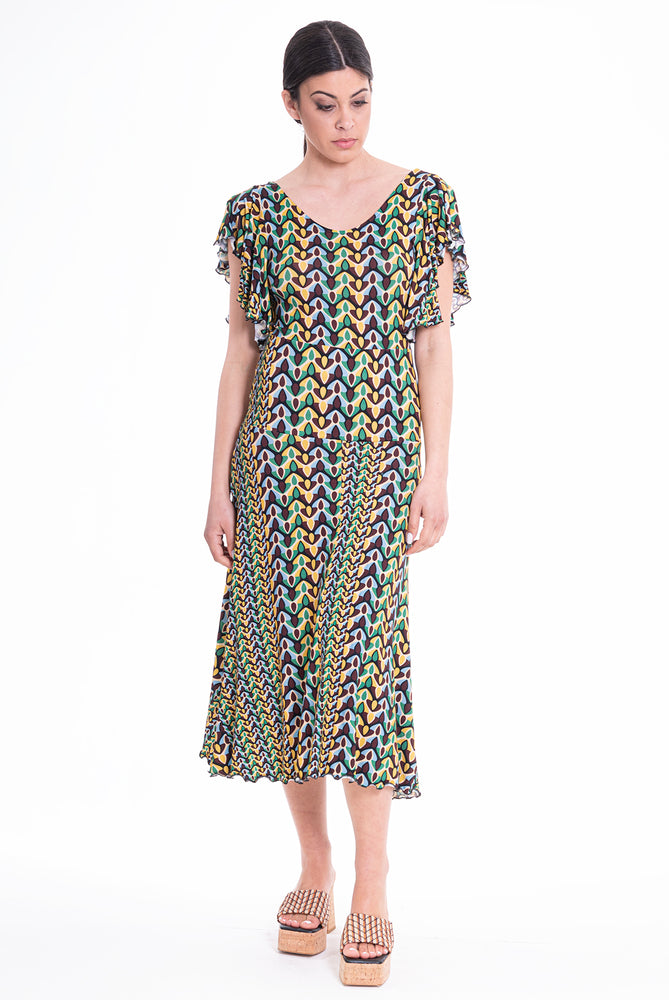 Geometric - Print Midi Dress - Green Dress