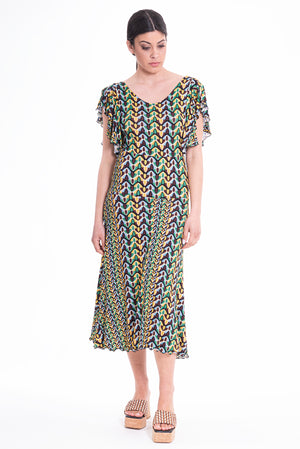 
                  
                    Load image into Gallery viewer, Geometric - Print Midi Dress - Green Dress
                  
                