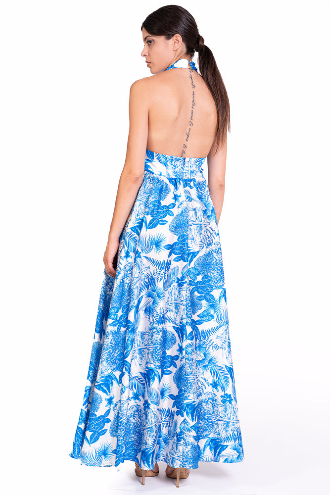 
                  
                    Load image into Gallery viewer, Long Satin Dress with Blue Print
                  
                