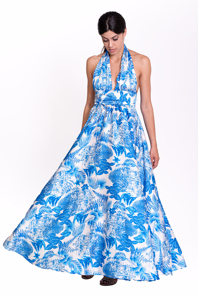 
                  
                    Load image into Gallery viewer, Long Satin Dress with Blue Print
                  
                