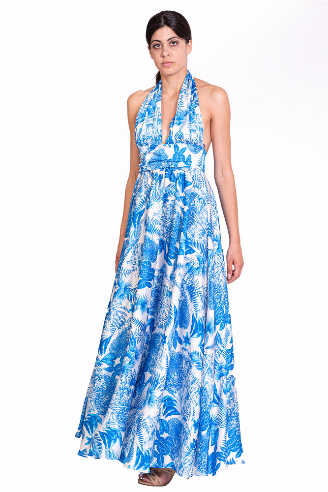 Φόρεμα Μακρύ Σατέν με Μπλε Πριντ